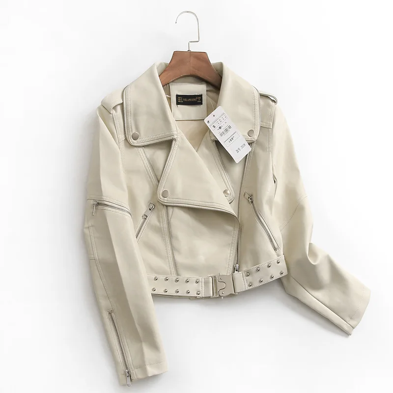 Stylish Pure Color Rivet Lapel Zipper Long Sleeve Biker Jacket Spring  Women's Leather Coat Short Length  Collar