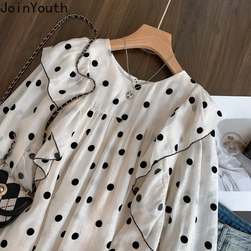 Polka Dot Blouses for Women O-neck Long Sleeve Loose Shirts 2024 Blusas Mujer De Moda Fashion Sweet Ruffles Summer Blouse Tops