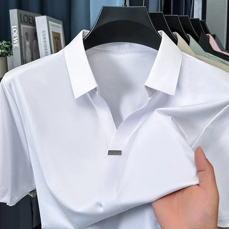 GELITAYIN High Quality Summer New Business V-Neck Seamless Men Short Sleeve High-End Polo Shirt Lapel Fashion Casual Luxury Blou