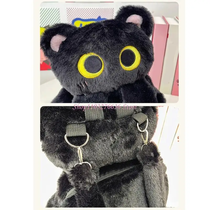 R6FD Furry Plush Black Cats School Bag For Student Soft Plush Backpack Comfortable Shoulder Bag for Easy Carry Outdoor Use