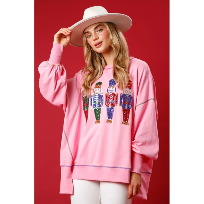 Festive Women's Sweatshirt Featuring Nutcracker Sequin Design Cozy Oversized Pullover Top For Winter Streetwear Holiday Outfits 5