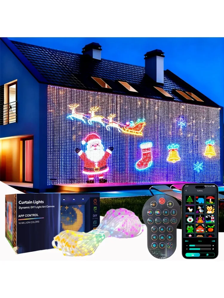 1/2 SZT. Inteligentne lampki LED w formie kurtyny, lampki choinkowe LED sterowane aplikacją, synchronizacja z muzyką, możliwość tworzenia własnych wzorów, wodoodporne, do dekoracji wnętrz i na — 2
