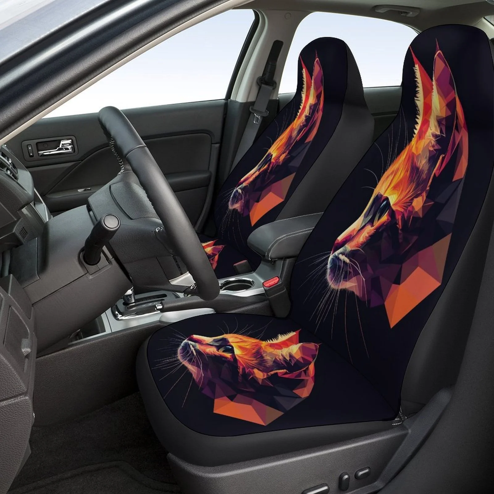 Set Of Car Seat Covers Featuring Geometric Cat Art, Suitable For A Variety Of Vehicles. Stylish And Unique, This Complete Set In