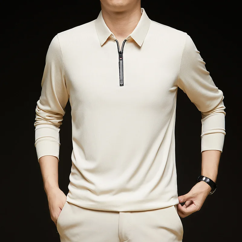 Men's Half Zip Polo Shirt Solid Color T-shirt Long Sleeved Top Base Middle-aged and Young Men's Long Sleeved T-shirt