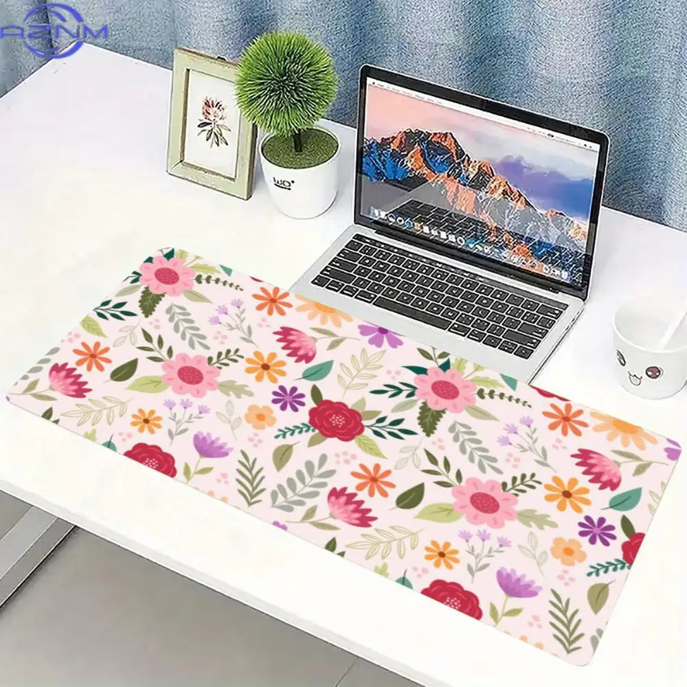 Cute Mixed Spring Flower Large Extended Mouse Pad Non Slip Rubber Base Stitched Edge  Print for Gaming Work Station