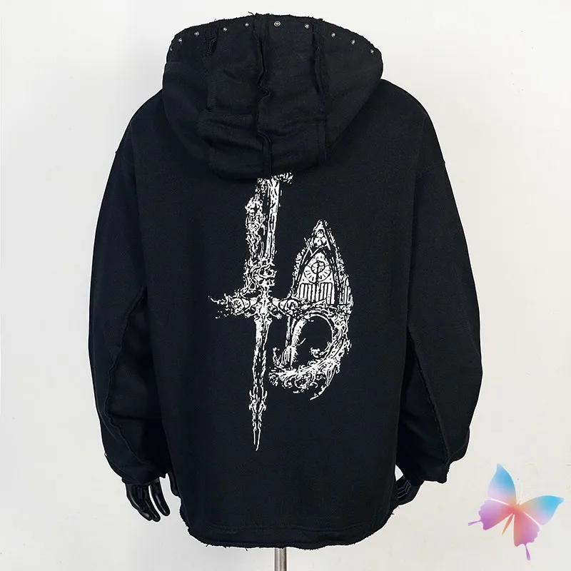 Dragon Bone Print 24ss Winter Thug Club Hoodies Retro Metal Star Moon Logo Breasted Rivet Black Hooded Sweatshirt Men Women