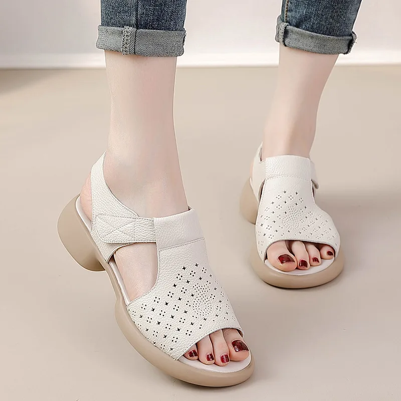 

Genuine Leather T Strap Sandals Women's Wide Width Shoes Summer Low Heels Ladies Elegant Open Toe Cutout Slingback Rome Sandal