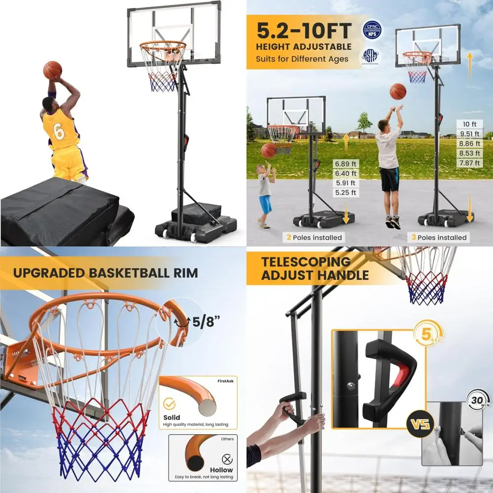 

Portable Adjustable 10FT Basketball Goal System with 44" Backboard for Outdoor Courts, Suitable for Youth and Adults