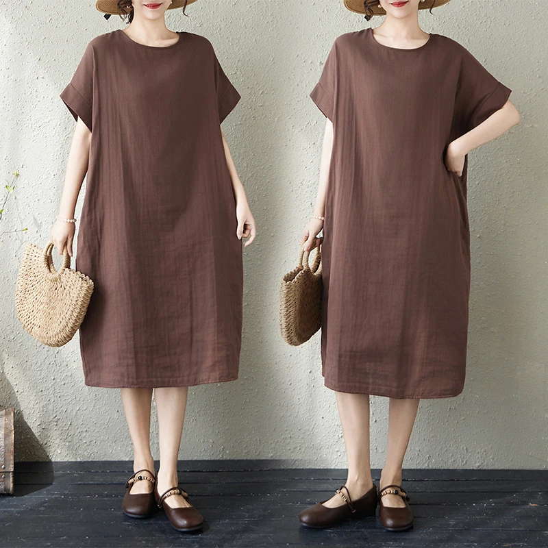 

Summer New plus Size Women's Knee-Length Short-Sleeve Double-Layered Coffee-Colored Artistic Style Dress City Walk Cotton Blend