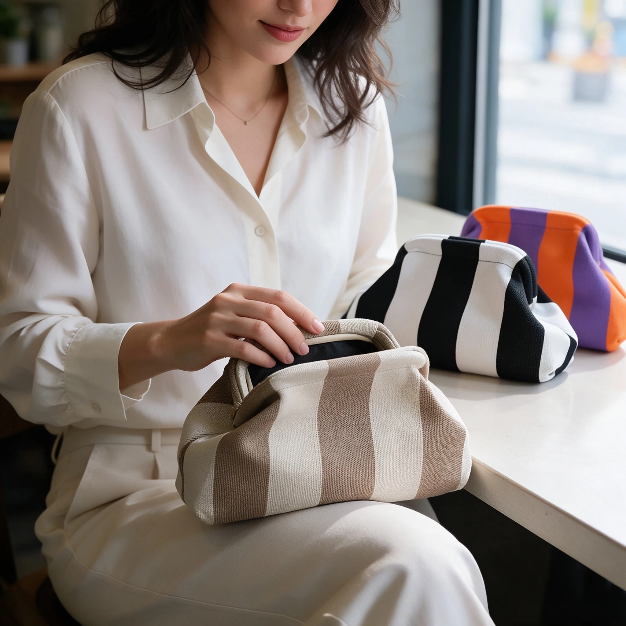 Woven Striped Handbag Knitted Women Fashion Daily Dumpling Pouch Casual Aesthetic Cloud Pack Outdoor Travel Wallet
