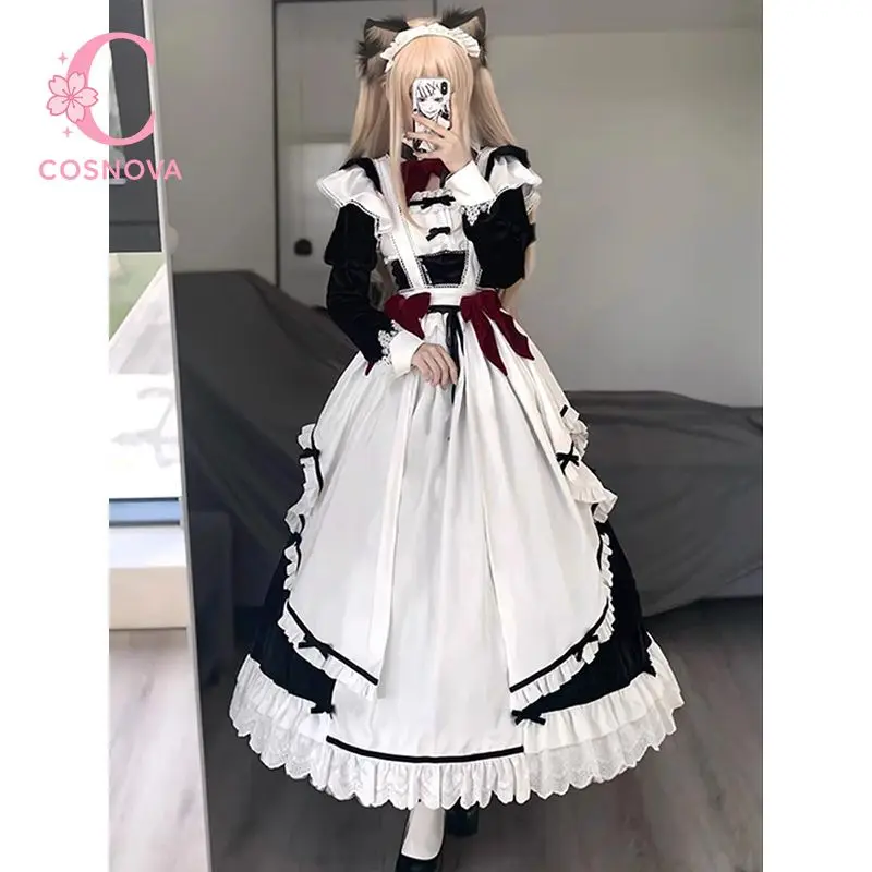 

Gothic Lolita Maid Dress Women JSK Outfit Black White Ruffled Apron Princess Skirt Set Vintage Elegant Play Party Event Wear New