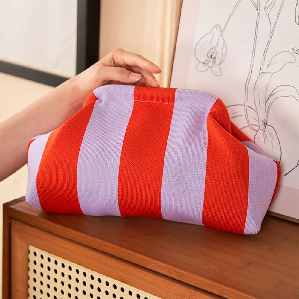 Portable Knitting Beach Clutch Bag Woven Crochet Stripe Crochet Handbags Large Capacity Colorblock Bag Summer