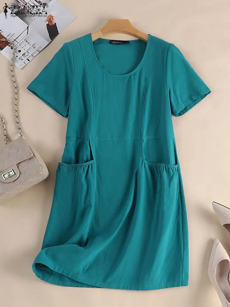 Frauen Sommer Sommerkleid Kurzarm knielange Robe Zanzea Mode o Hals Urlaub Kleid Vintage Baumwolle Kleider Arbeit Vestidos