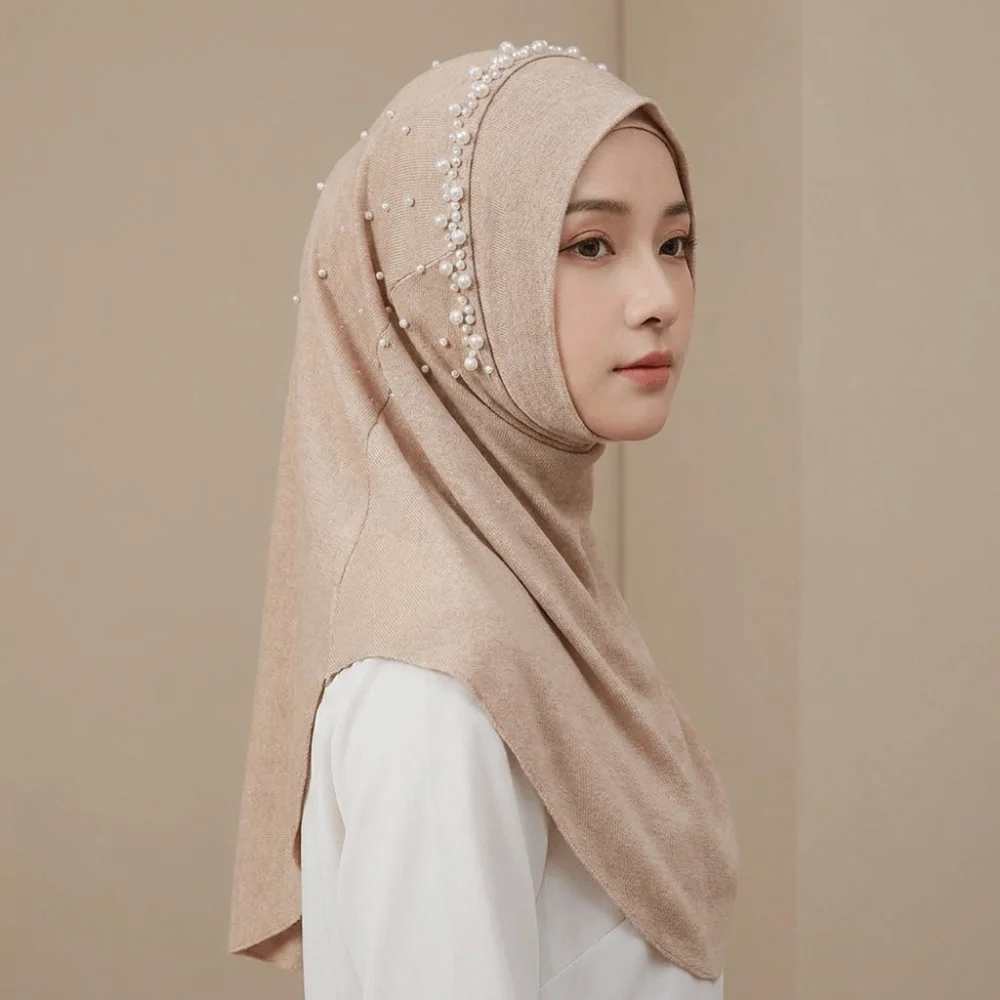 Lightweight Solid Color Beads Hijab Quick Drying Pull On Style Head Wraps Head Wrap Turban Sun Protection Headscarf Girls