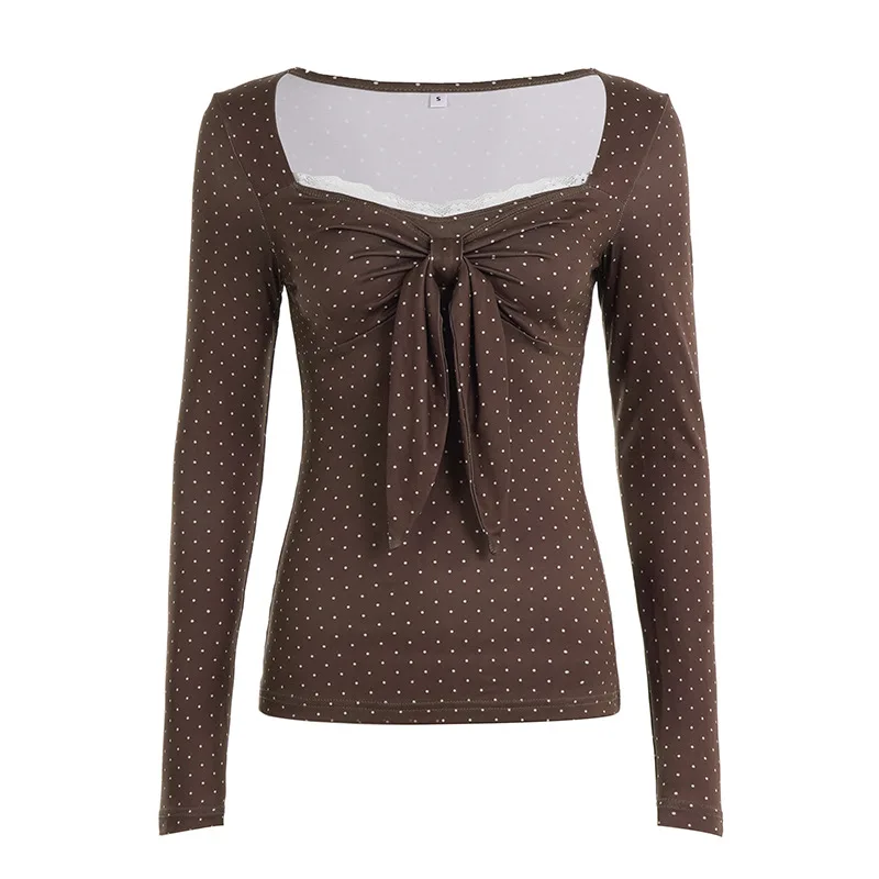 Women Lace Panel Bow Detail V Neck Long Sleeve T Shirt Polka Dot Retro Elegant Cute Slim Fit Inner Top