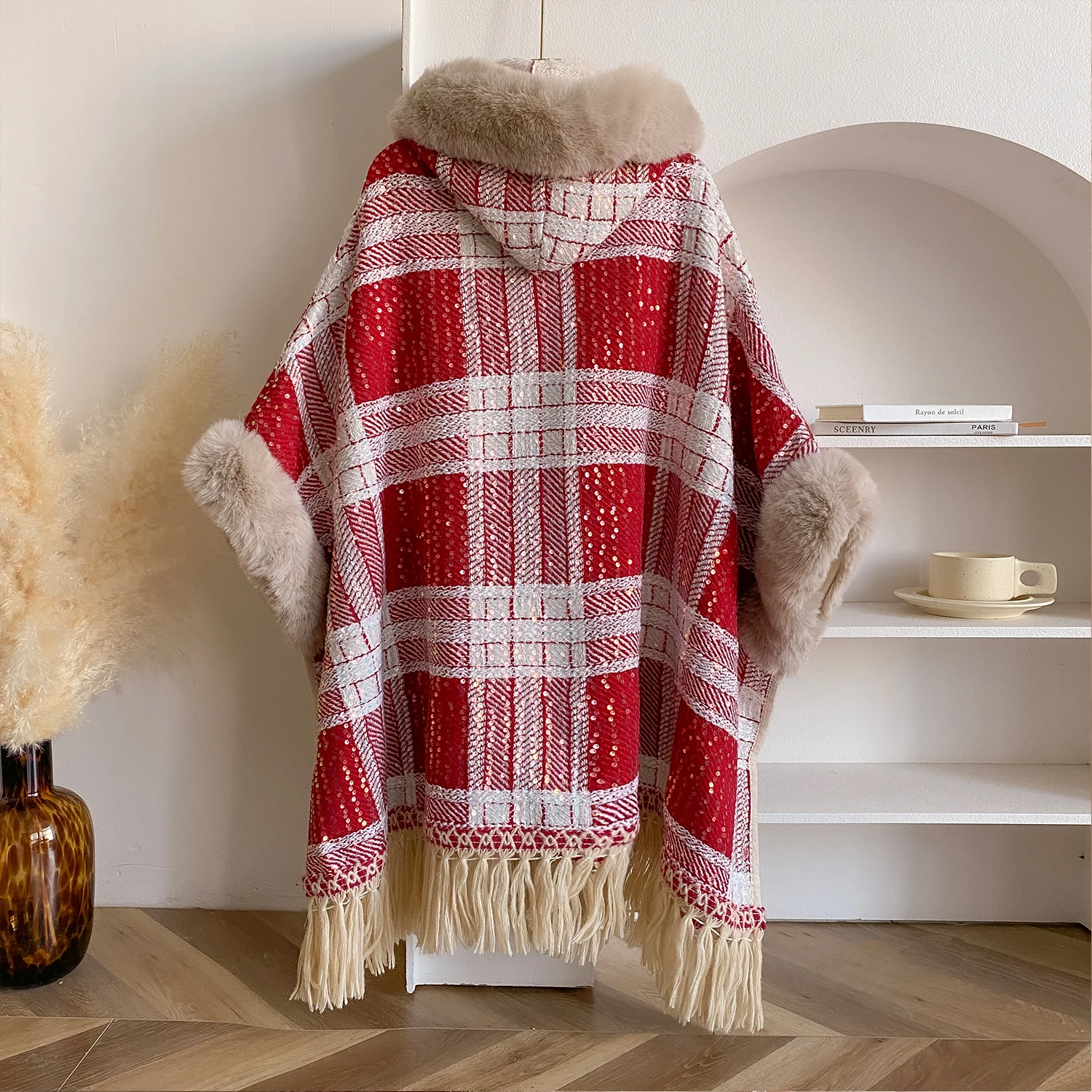 Sparkly Sequined Plaid Hooded Shawl Cape, Women Thick Faux Fur Edge Tassel Poncho Coat