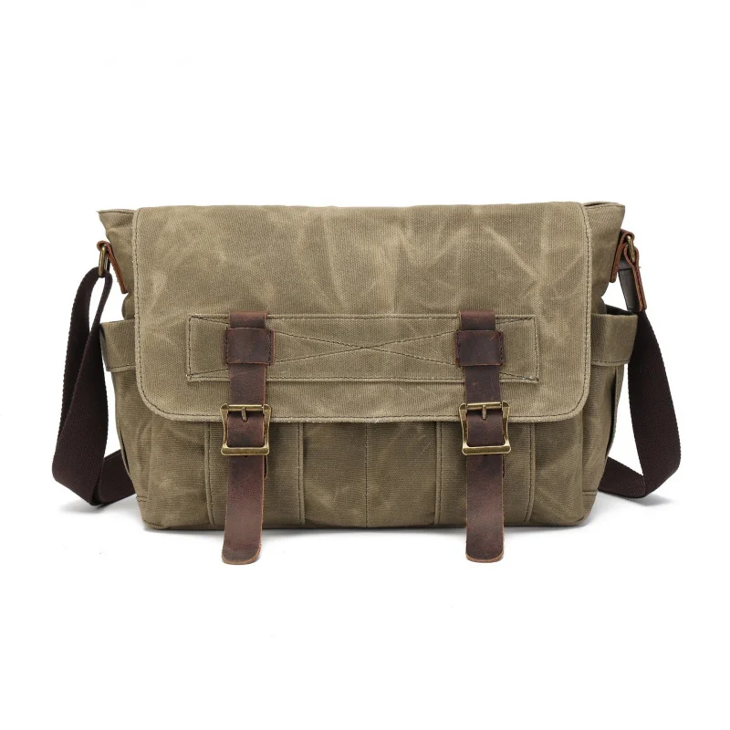 Retro waxed crossbody bag with large capacity, stylish and casual canvas bag with contrasting colors, briefcase-style backpack