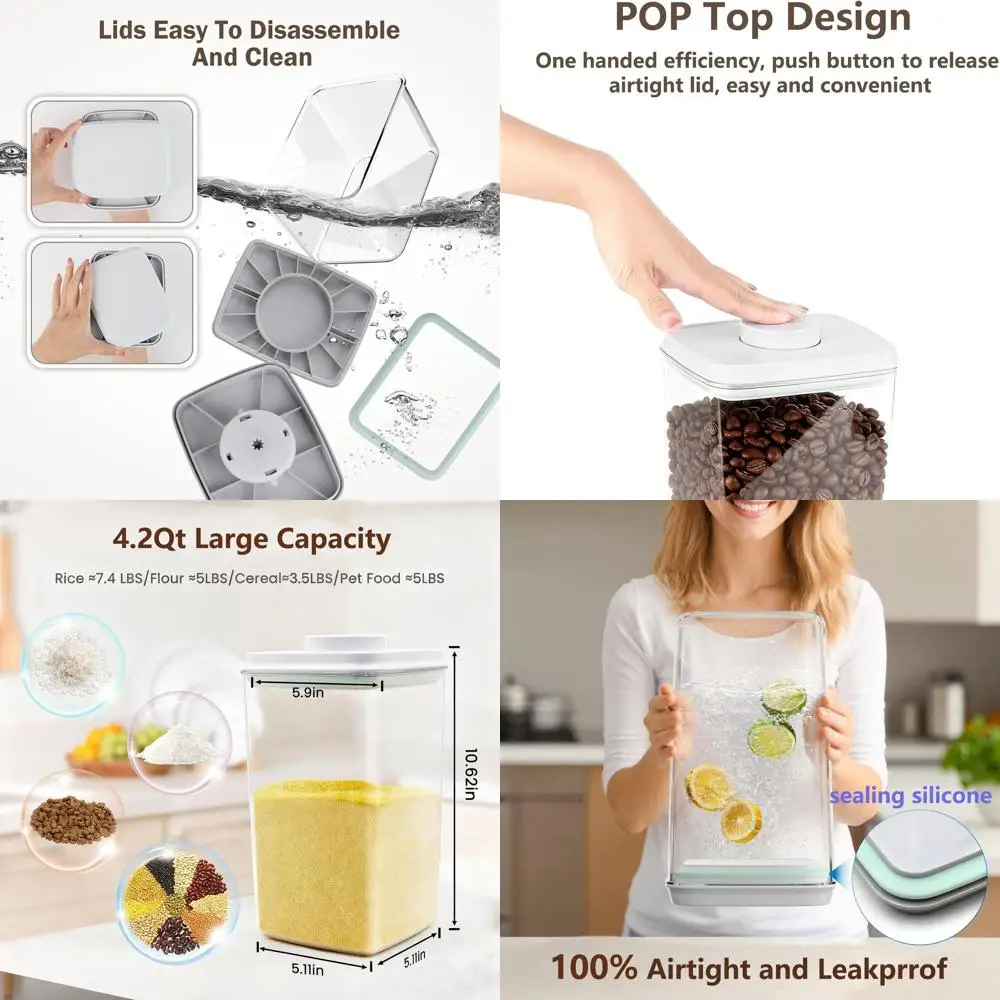 

4.2Qt Stackable Airtight Food Containers Set with Lids and Scoop, 4-Piece BPA-Free Storage for Kitchen Pantry