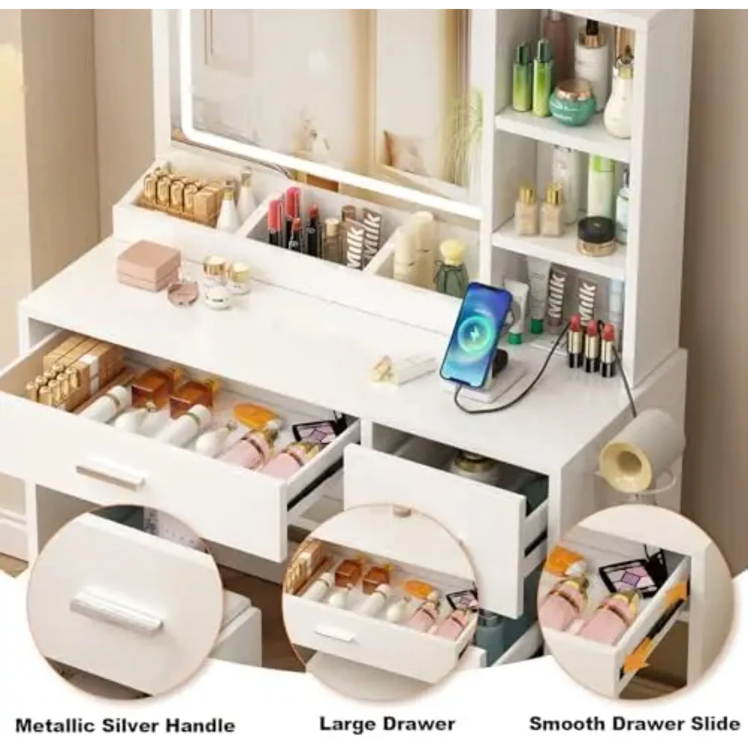 Vanity Desk with Mirror and Lights, 4 Drawers & Benches Vanity Desk Set, 3 Color Lighting Modes Adjustable Brightness