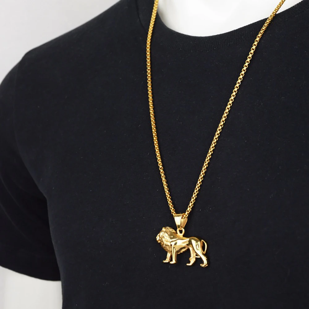 Punk Rock Animal Lion Pendant Necklaces Male Gold Color Stainless Steel Chains for Men Women Rapper Jewelry Gifts