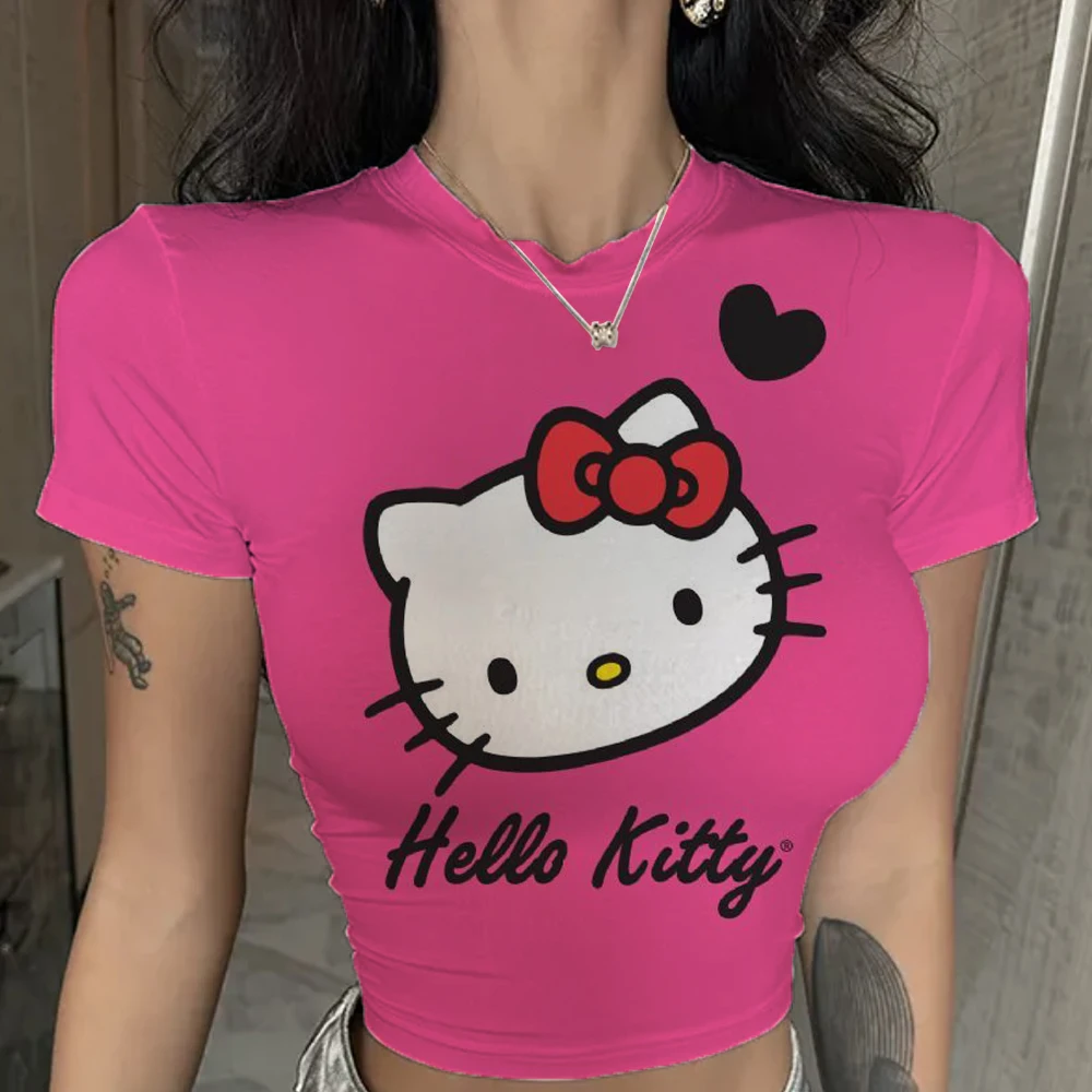 Letnia estetyczna bluzka patchworkowa damska Vintage Punk Hello Kitty nadruk koszulka z krótkim rękawem seksowny styl ubrania Y2k różowa koszulka