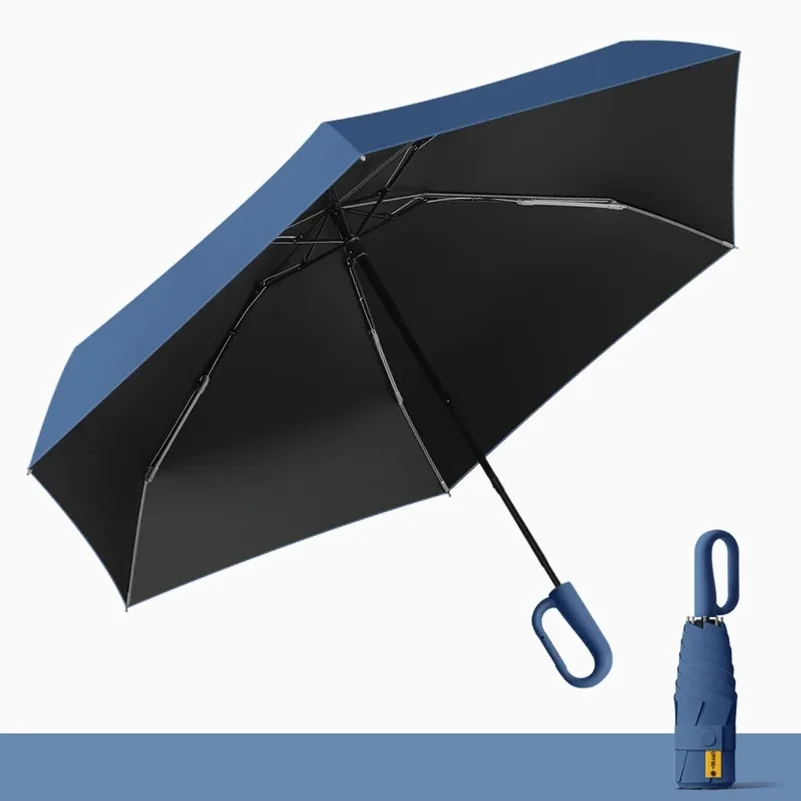 Portable Buckle Handle Mini Umbrella Folding Umbrella with Five Fold Full Blackout Black Rubber Sunscreen Umbrella, UV Resistant