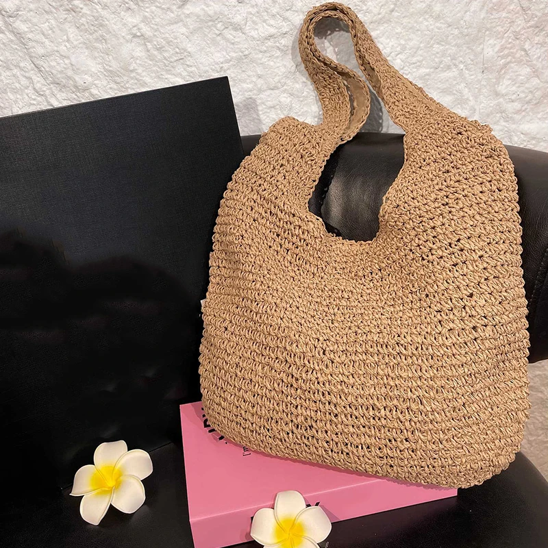 

Летняя пляжная соломенная тканая женская сумка на плечо большой вместимости, модная дизайнерская ручная работа для курортной повседневной верхней одежды