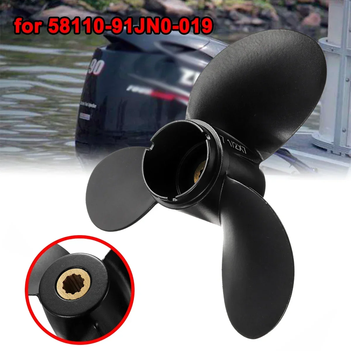 58110-91JN0-019 For Suzuki Outboard Engine 10 Spline Tooths R Rotation Aluminum Alloy 4-6HP 3 Blades 7 1/2 x 7 Boat Propeller