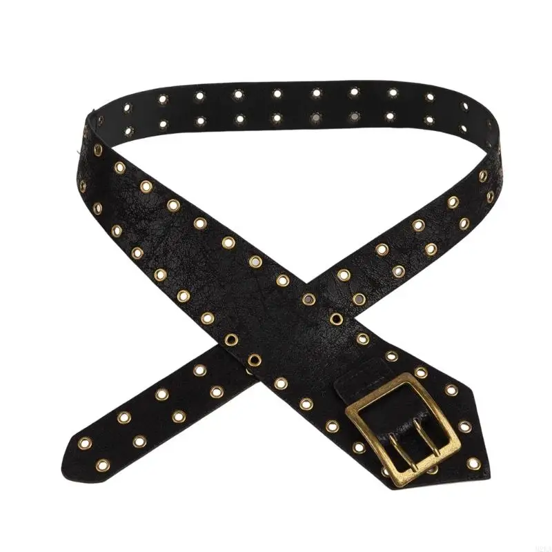 2026 New Metal Eyelet Studded Wide Belt Punk Hollow Gothic Faux Leather Black Brown