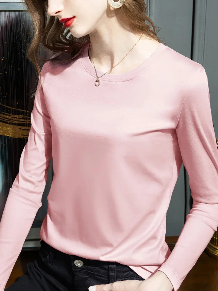 New 2024 Spring and Summer Cotton T-shirt Pullover Loose Double-sided Mercerized Cotton Long Sleeved Solid T-shirt Women Tops