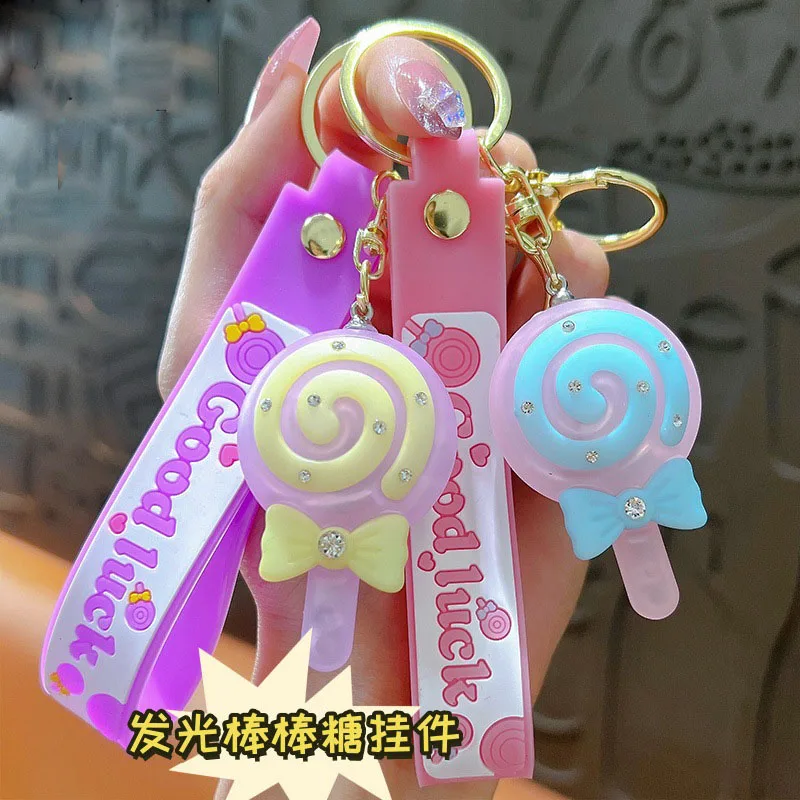 Cartoon Macaron Lamplight Lollipop Keychain Creative Rhinestones Acrylic Frosted Glow Candy Pendant Keyfob Cute Bag Car Ornament