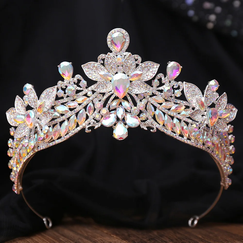 DIEZI 7 Colors Elegant Baroque Queen Big Flower Crystal Tiara For Women Wedding Girls Party Crown Hair Dress Jewelry Accessories