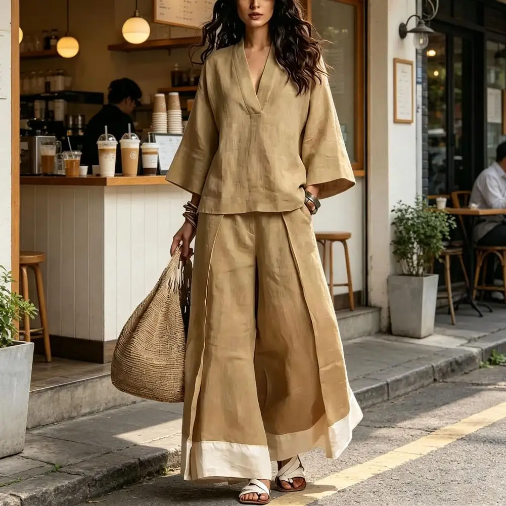 Women Two-piece Suit Women Outfit Women’s 2 Piece Set V Neck Top Color Block Wide Leg Pants Matching Outfit Summer for Women