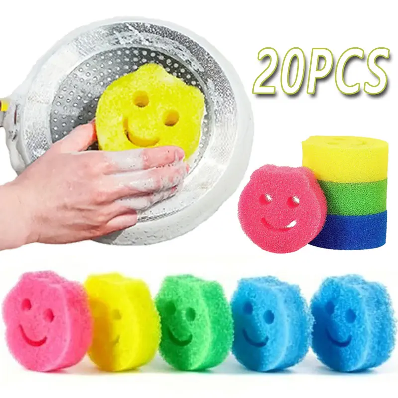 1-20pcs Smiling Face Dishwashing Sponge Cloth Strong Scouring Pad Kitchen Bathroom Strong Stain-removing Sponge Odor Resistant