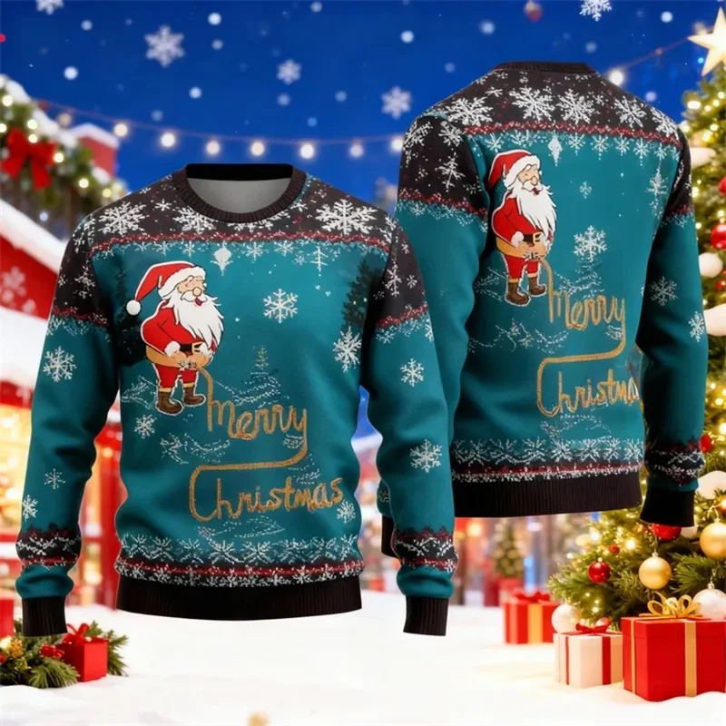 Unique New Year Christmas Ugly Sweater For Men Humour Funny Santa Claus Print Pullover Sweatshirt Festive Gift Xmas Sweatshirts