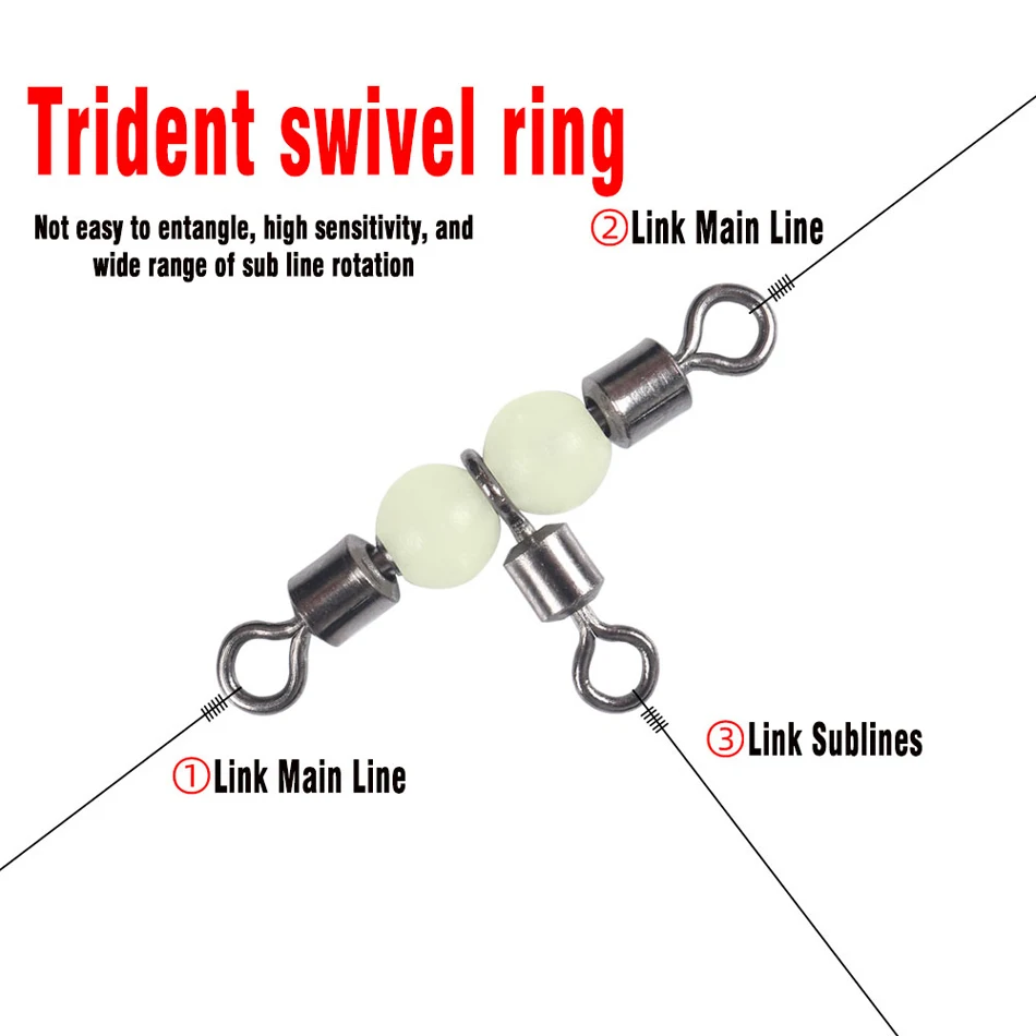 MNFT 25 Stück Edelstahl T-Turn 3-Wege-Angelverbinder, rollender Wirbel, Angelzubehör-Verbinder, leuchtende Perlen, locken Fische an – Detail 3
