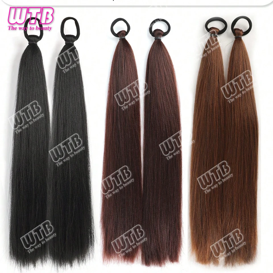 2Pcs Long Straight Ponytail Extension With Elastic Band Versatile DIY Braided Ponytail For Women Girls Black Brown Synthetic Wig