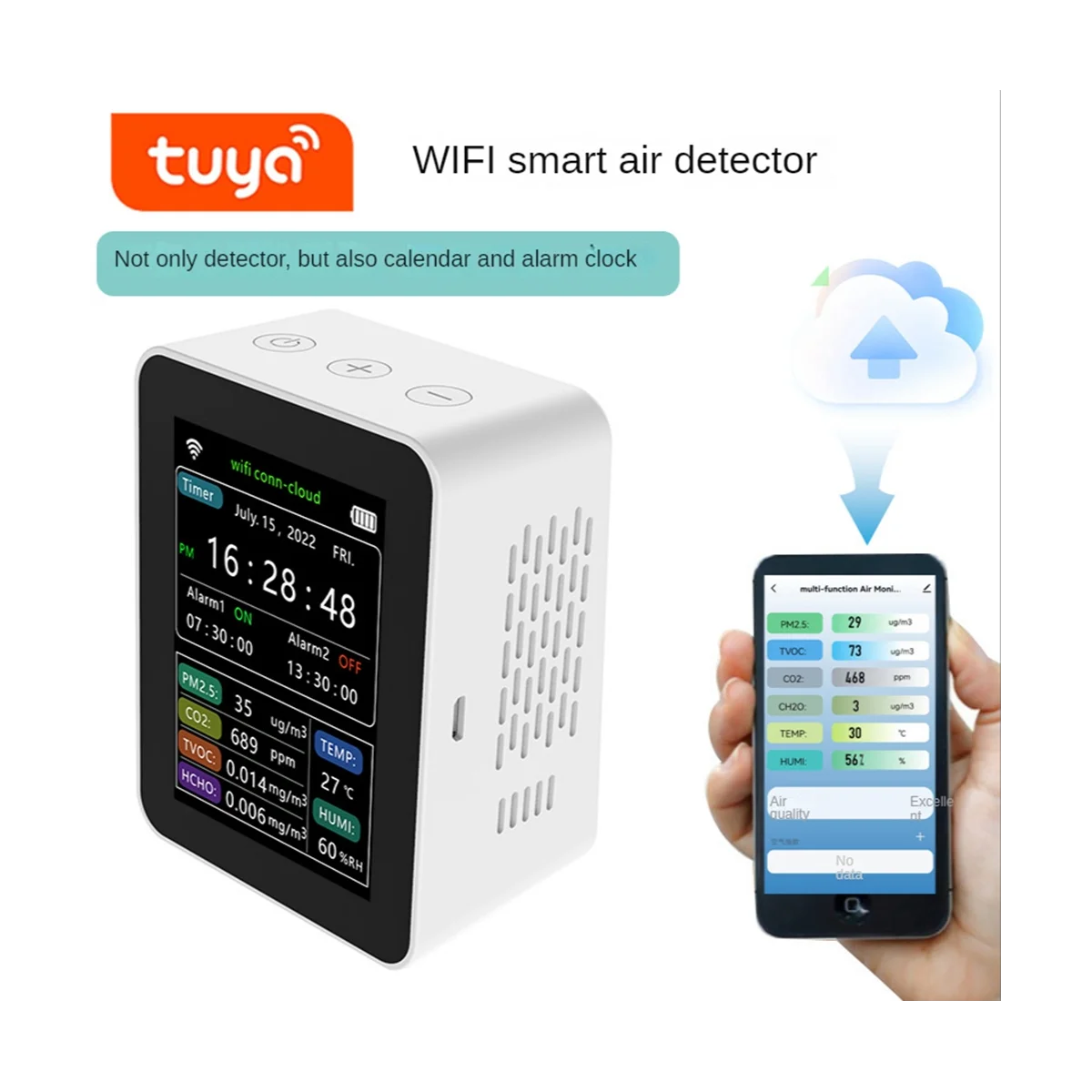 Tuya WiFi 7 in 1 Smart Air Quality Monitor CO2 Meter TVOC HCHO PM2.5 Tester CO2 Sensor Formaldehyde Gas Detector White