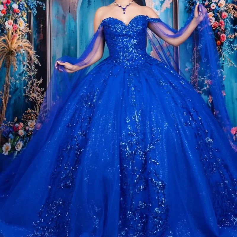 

Shiny Royal Blue Quinceanera Dresses Off the Shoulder Glitter Flower Crystal Decal Long tail Vestido 15 Quinceanera Customized