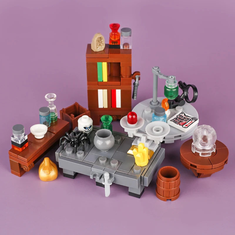 City Street View Witch Magic Building Blocks Spider Owl Bookshelf Bottle Grimoire Skeleton Studio Scene Animal Bricks Kids Toys