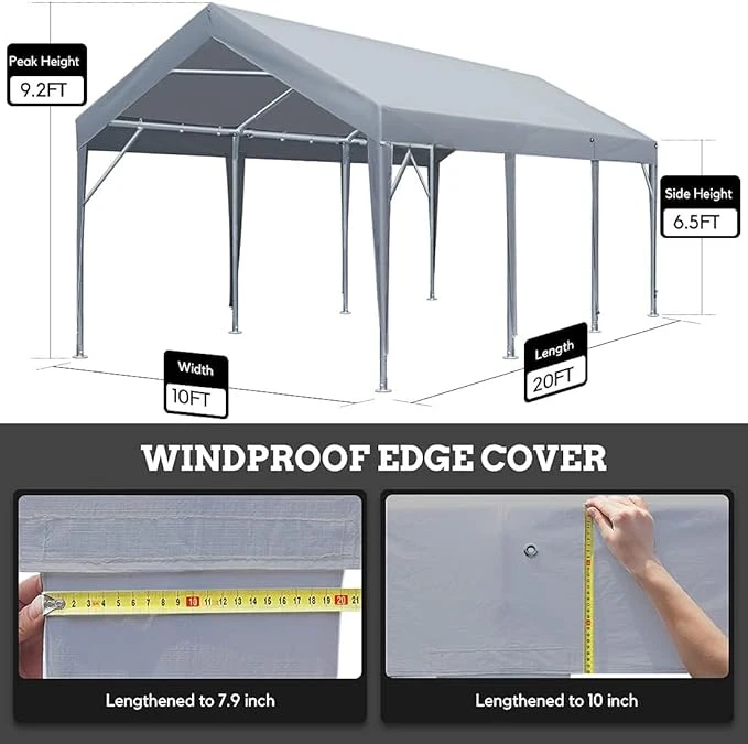 Imagem -03 - Canopy Resistente do Carro do Carport com Paredes Laterais Removíveis da Janela Dossel Cinzento Barraca Portátil da Garagem Abrigo do Barco 10x20 ft