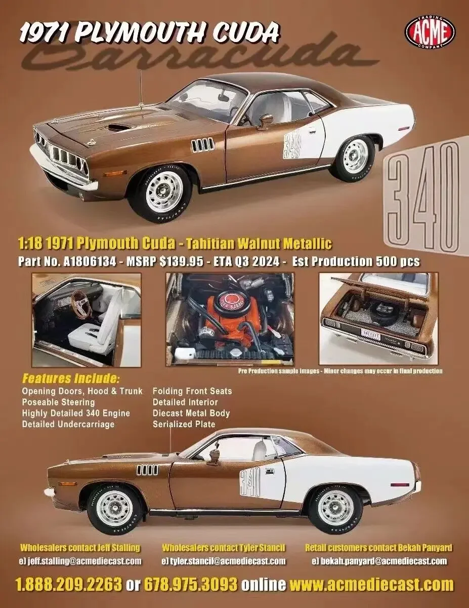 ACME 1/18 Nuovo Per Plymouth Cuda 1971 Pressofuso In Lega di Modello di Auto di Simulazione Ragazzi Regali Di Compleanno Hobby Display Collezione di Simulazione