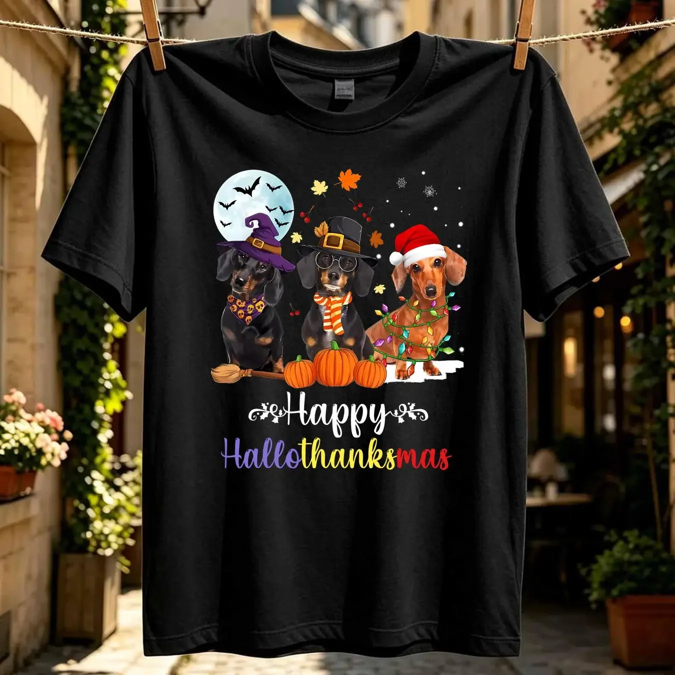 washed T Shirt Dachshund Dog Halloween Merry Christmas Happy Hallothanksmas vintage Washed Slightly homme Top For Everyday Wear
