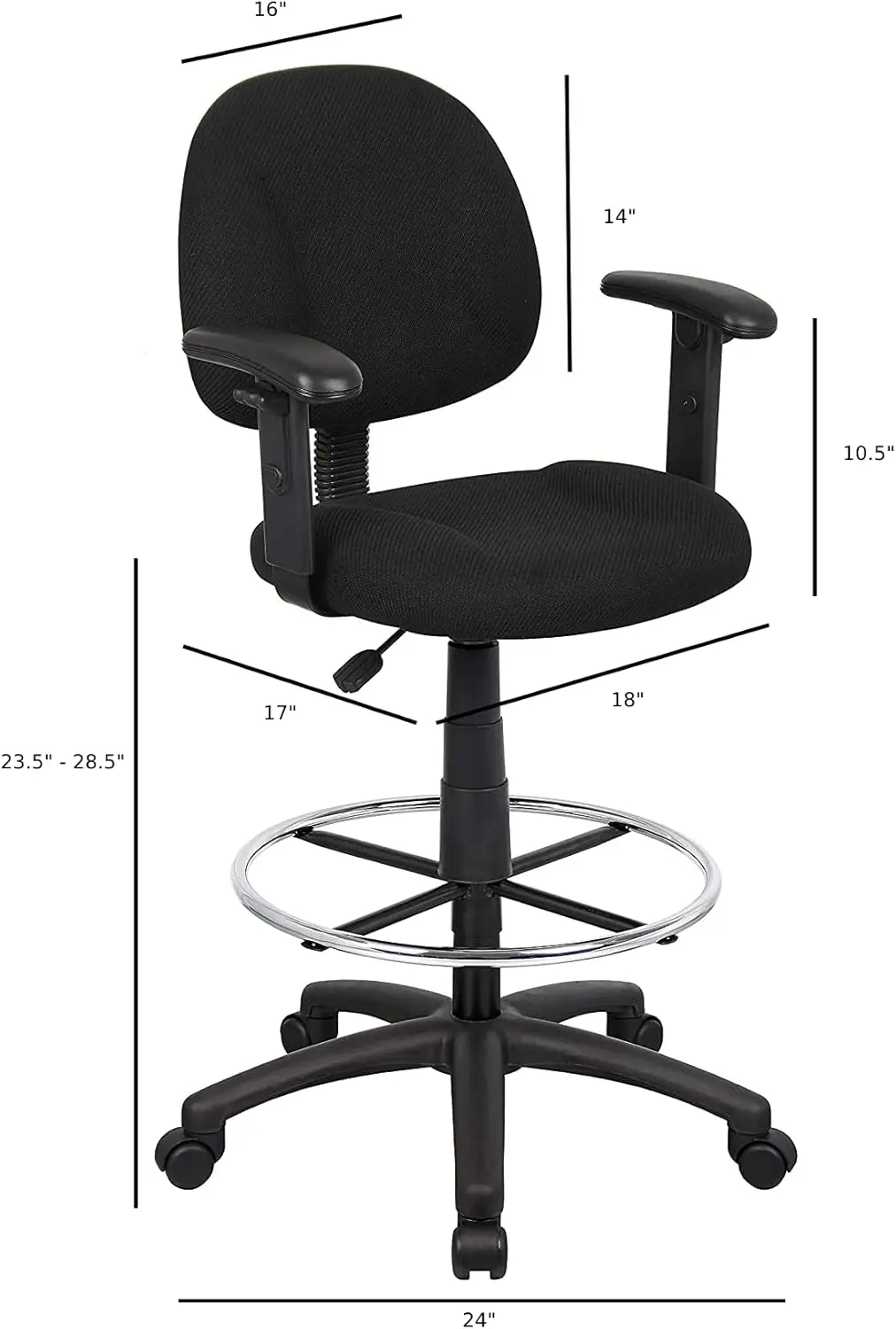 Occ Drafting Stool With Foot Ring And Adjustable Arms In Black Fabric Drafting Chair