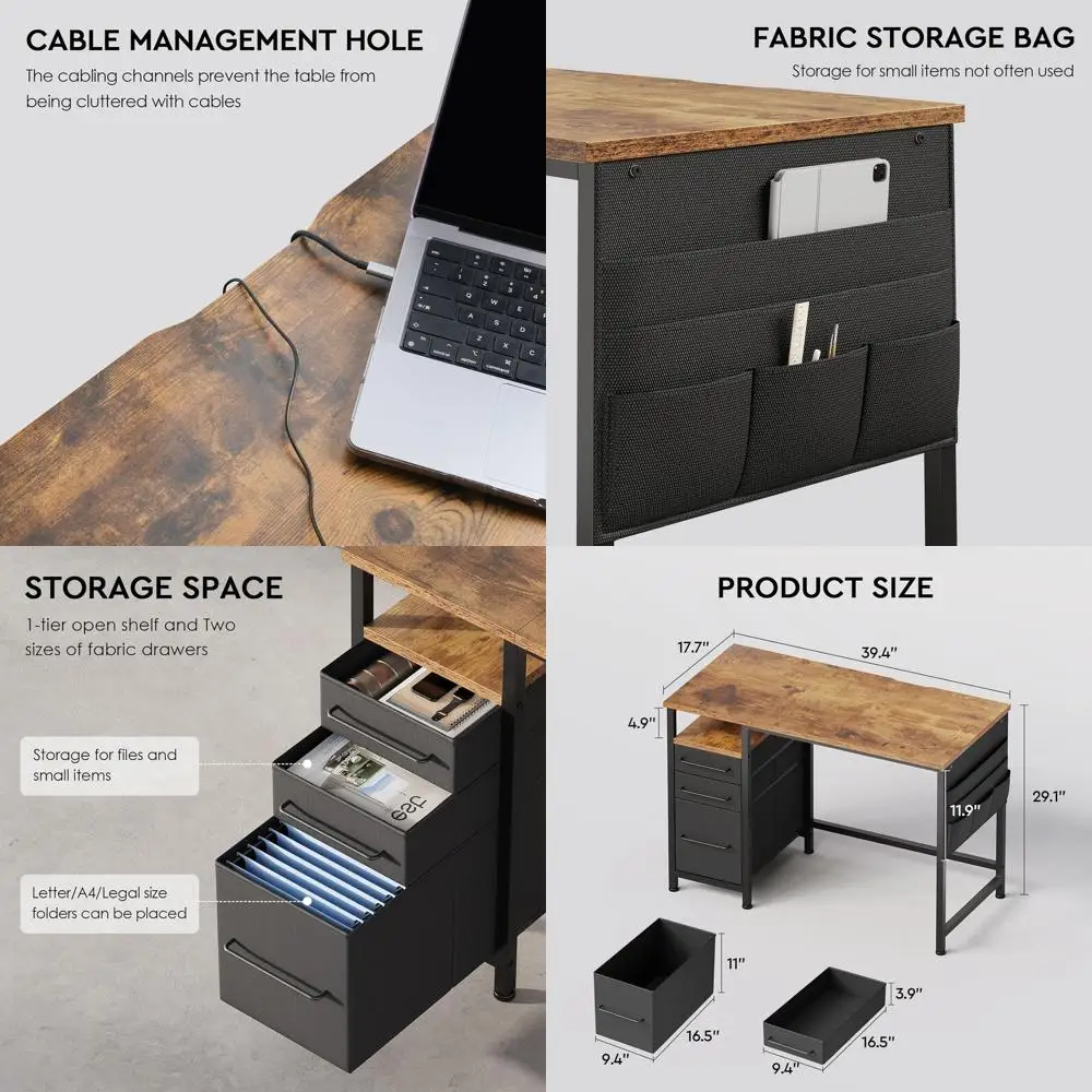Escritorio pequeño rústico marrón 40 con cajones y estructura de metal para almacenamiento de oficina en casa