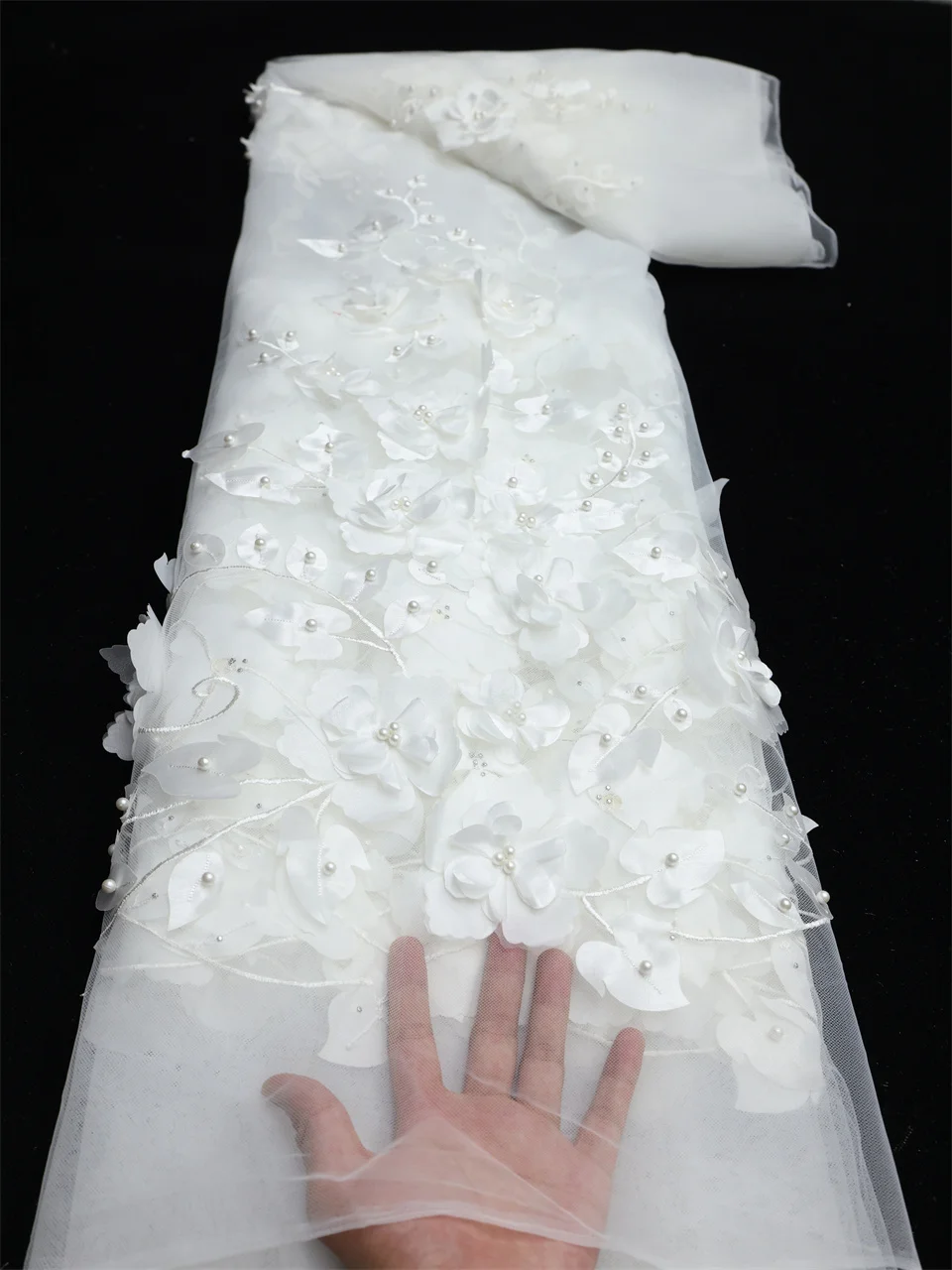 White 3D Bead Lace Fabric for Weddings