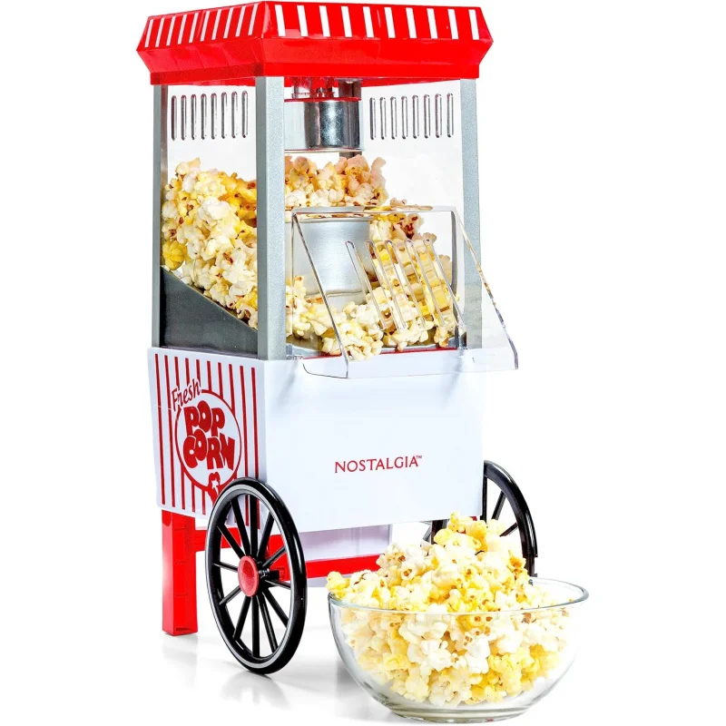 Popcorn Maker, 12 Cups, Hot Air Popcorn Machine with Measuring Cap, Free, Vintage Movie Theater Style, White & Red