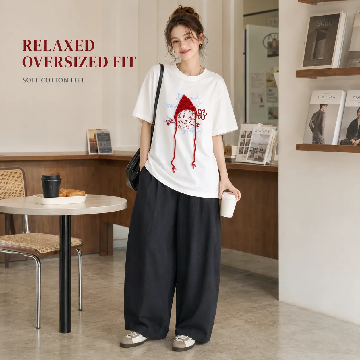 Women Oversized White T Shirt Cute Cartoon Girl 3D Embroidered Graphic Tee Korean Style Cotton Short Sleeve Summer Top