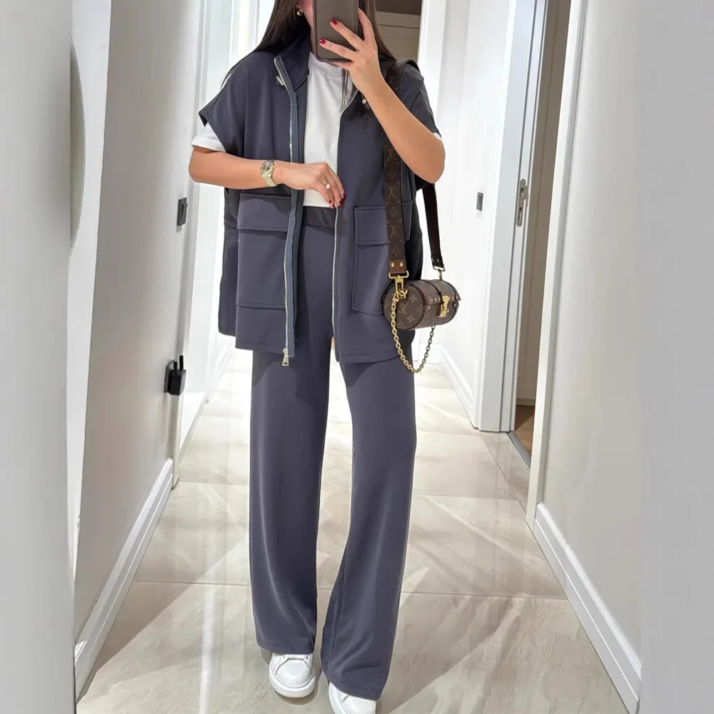 Women Pant Sets Two Piece Zipper Short Sleeve Jackets Pockets Stand Collar Solid Casual Spliced Long Pants Straight Autumn 2026