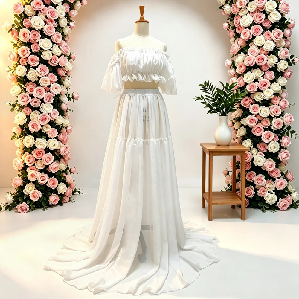 Cooling White Chiffon Maternity Dress - Breathable Lightweight Two Piece Off Shoulder Summer Gown for Maternity Photoshoot
